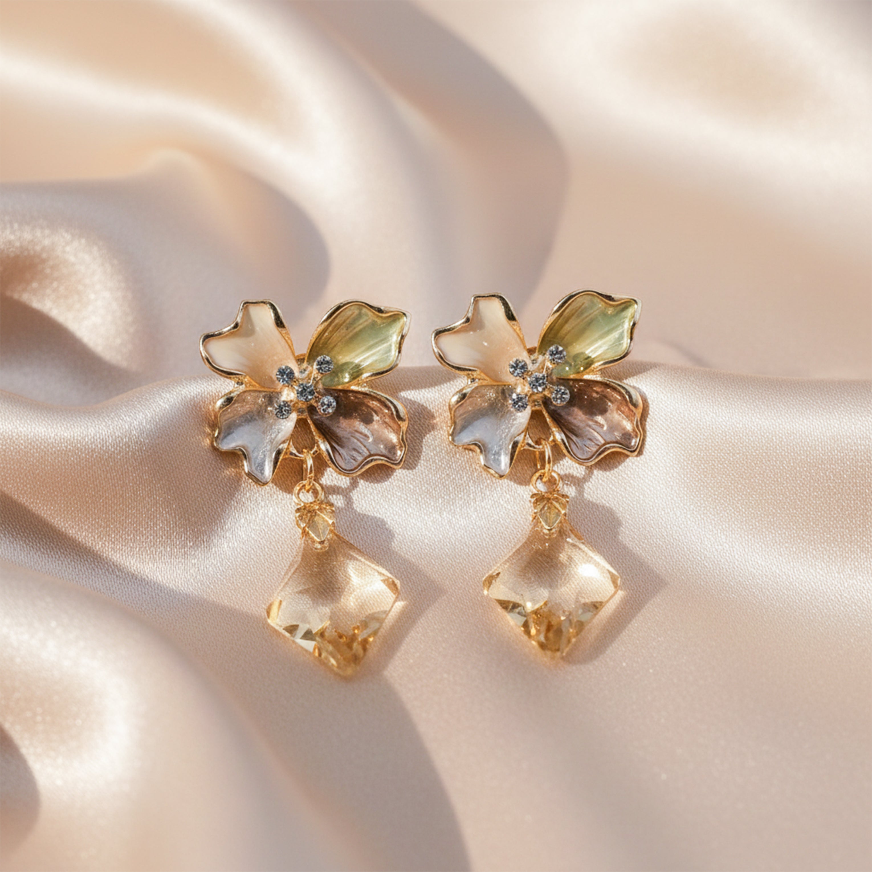 Golden Petal Crystal Drop Earrings GWE -208