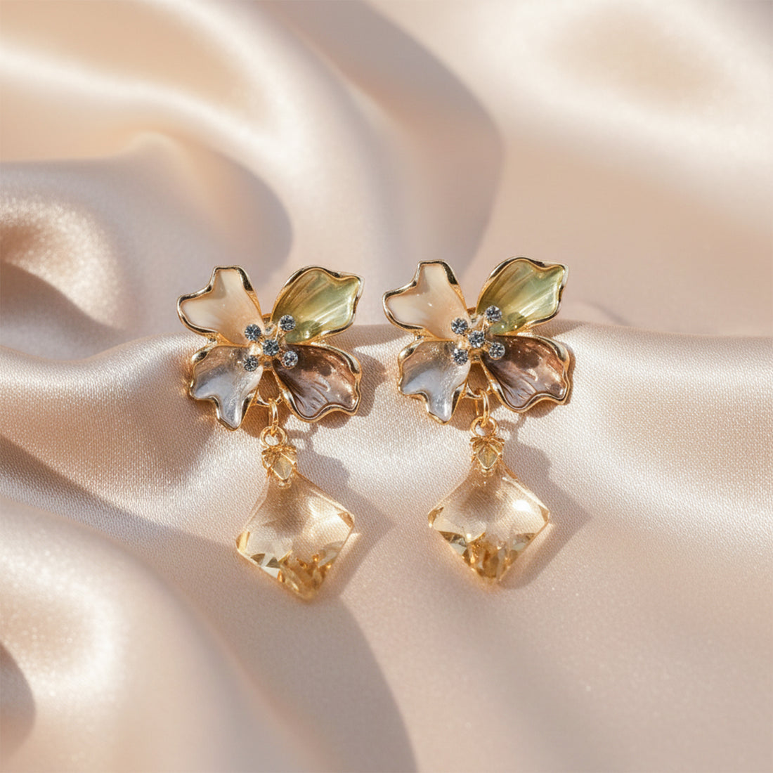Golden Petal Crystal Drop Earrings GWE -208