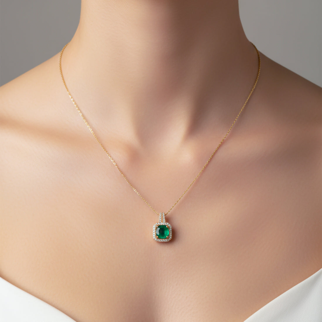Emerald Square Halo Pendant Necklace GWN -157