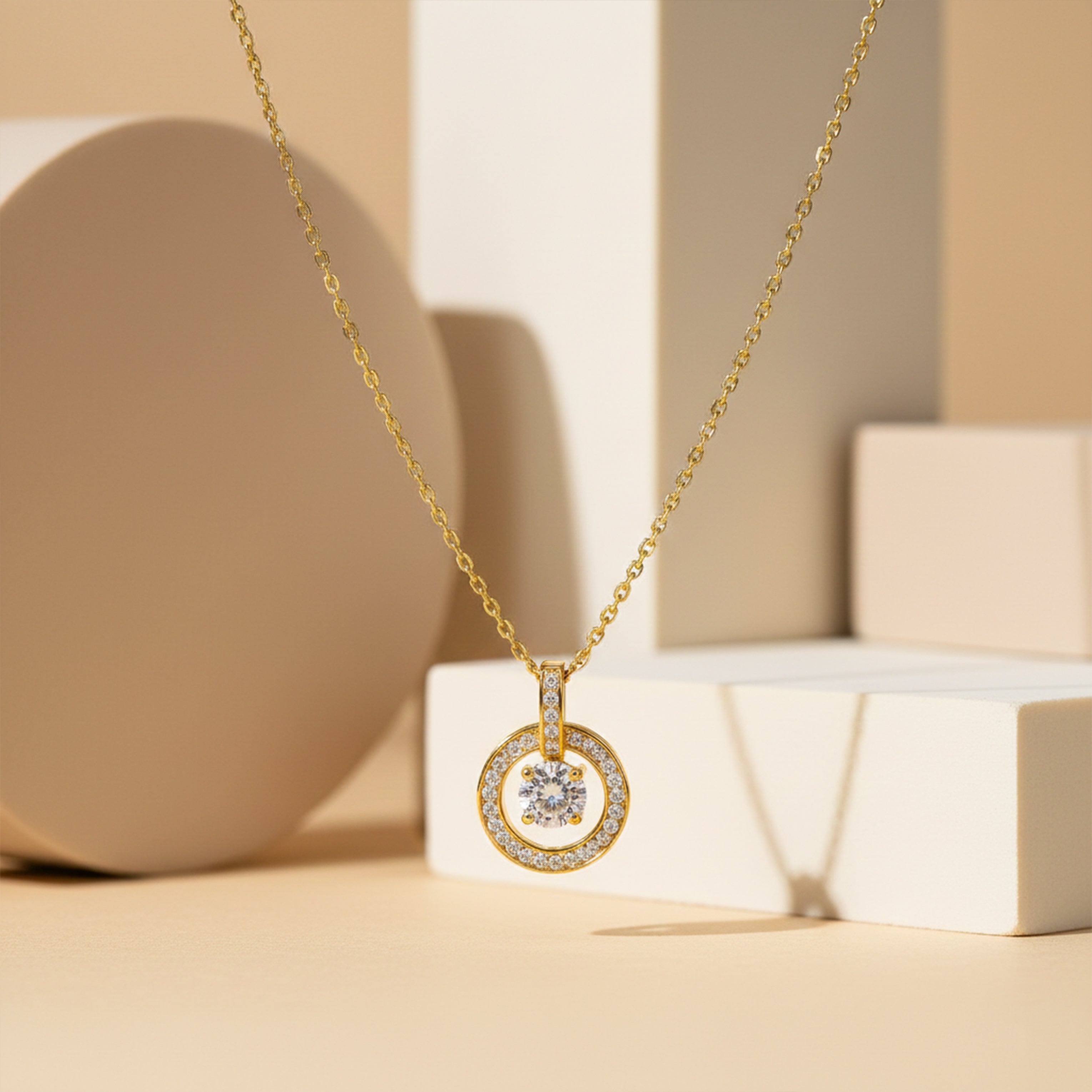Classic Halo Circle Pendant Necklace GWN -139