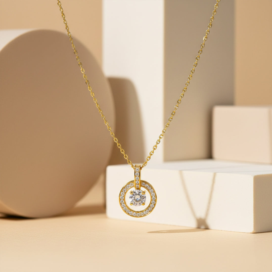 Classic Halo Circle Pendant Necklace GWN -139