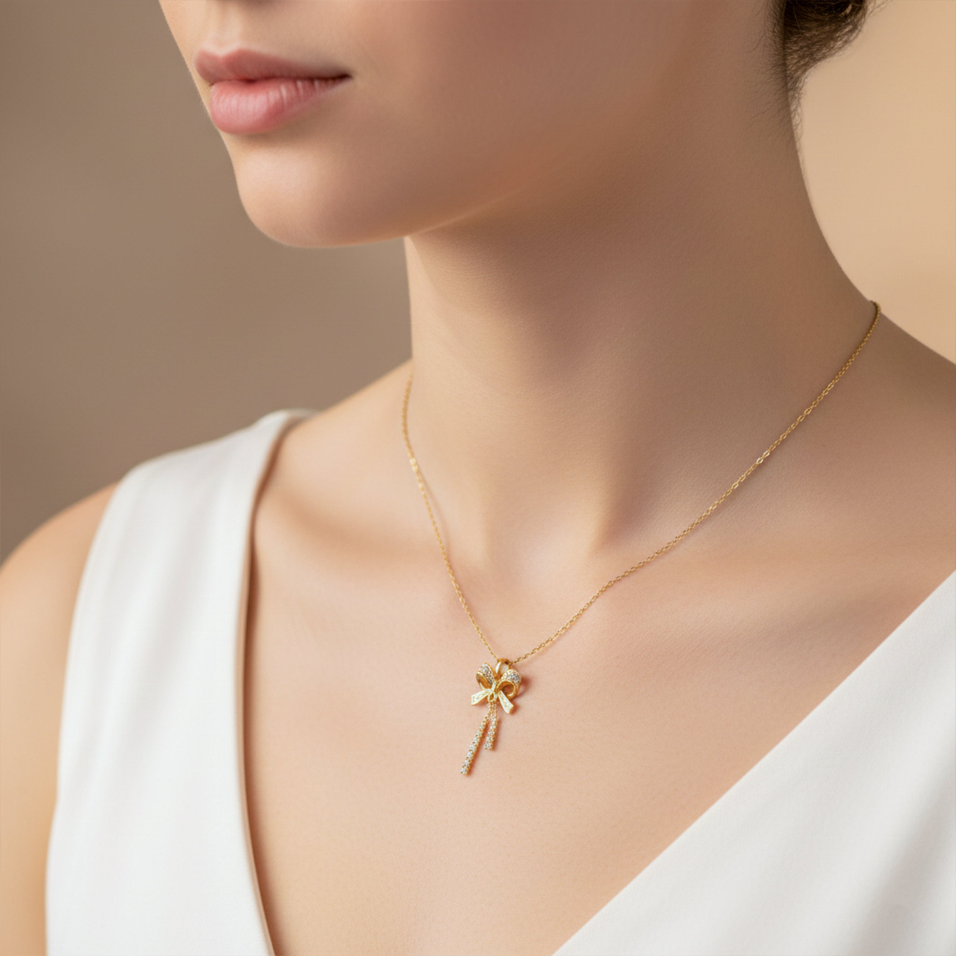 Diamond Bow Tassel Gold Necklace GWN -91