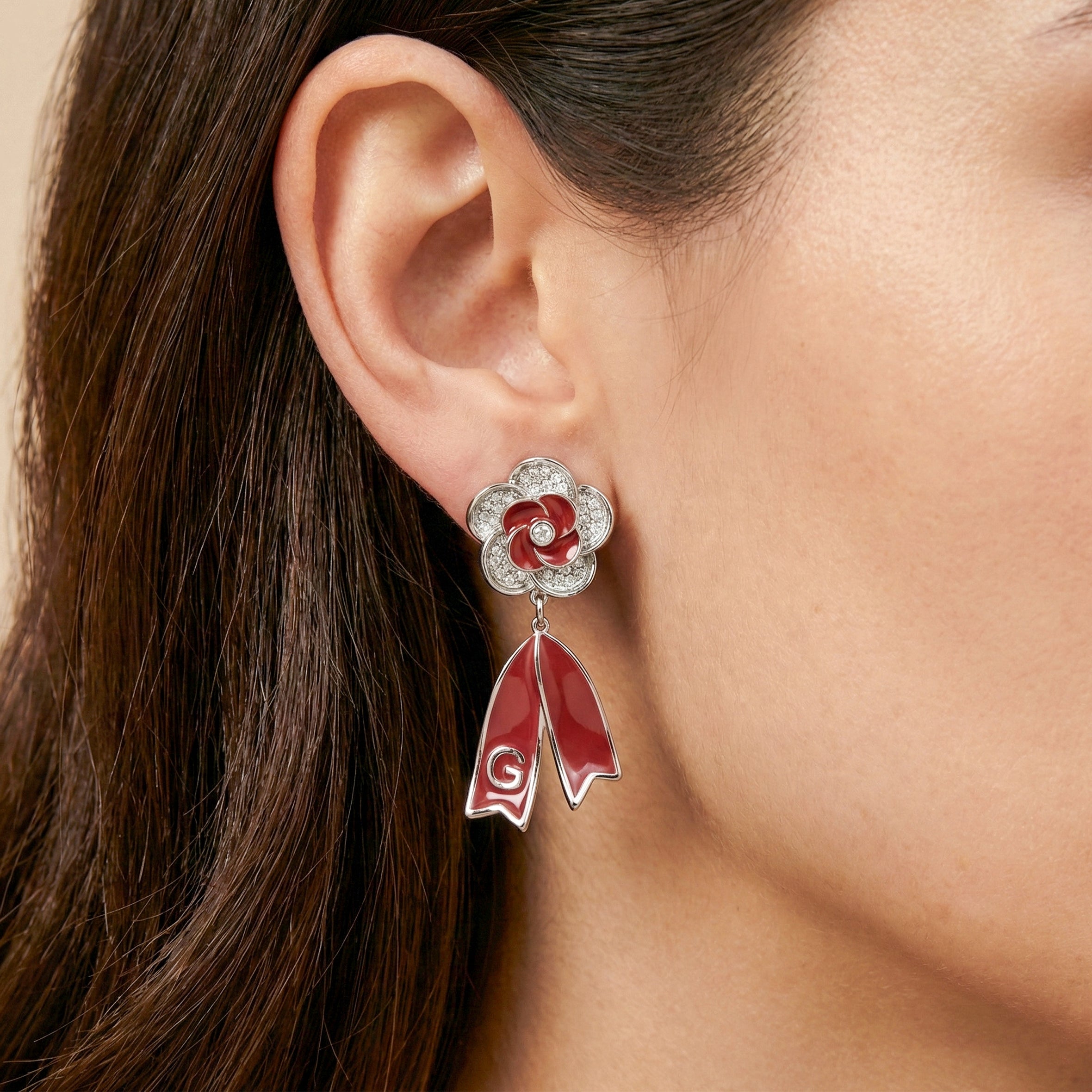 Ruby Bloom Ribbon Drop Earrings GWE -63