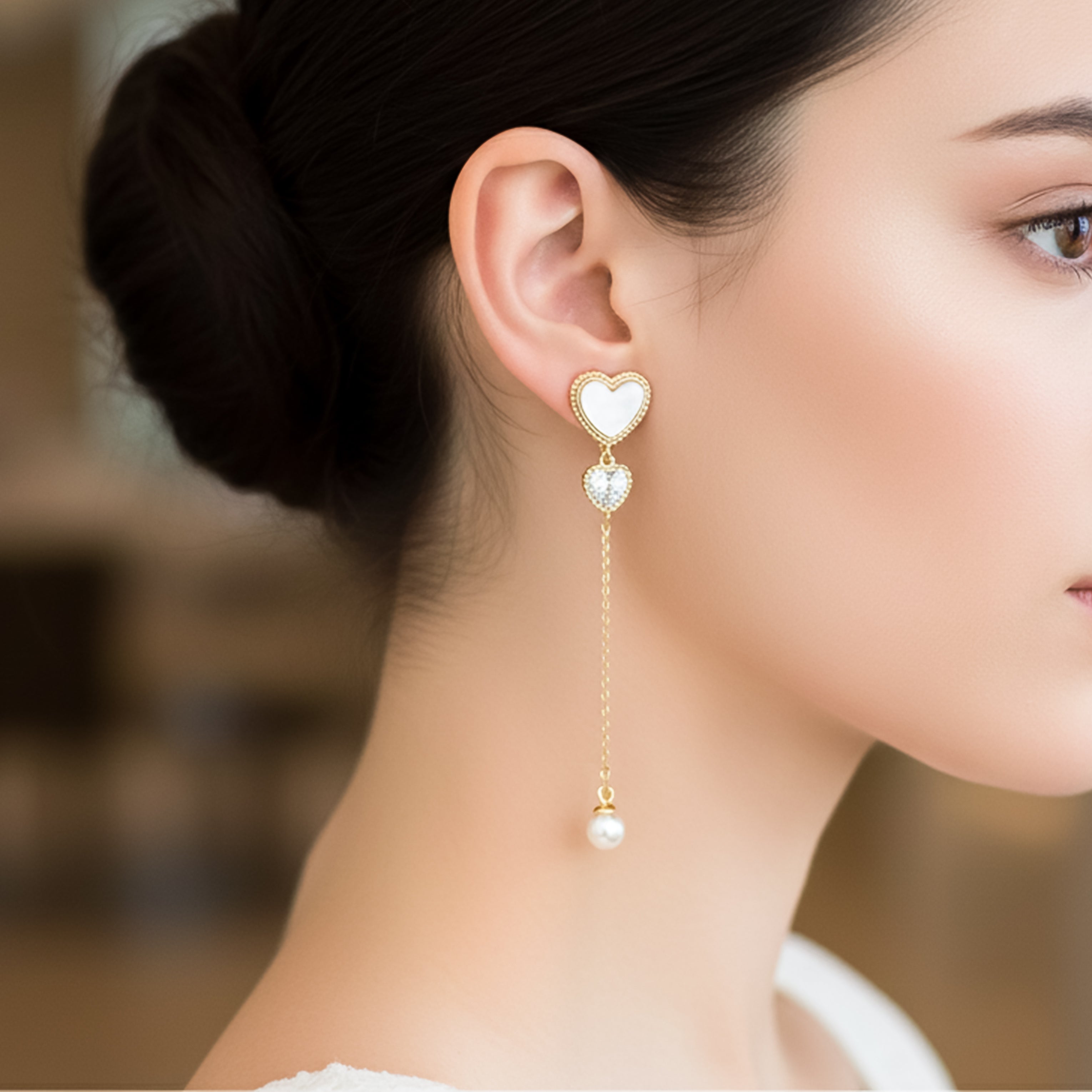 Heart Pearl Chain Drop Earrings GWE -87