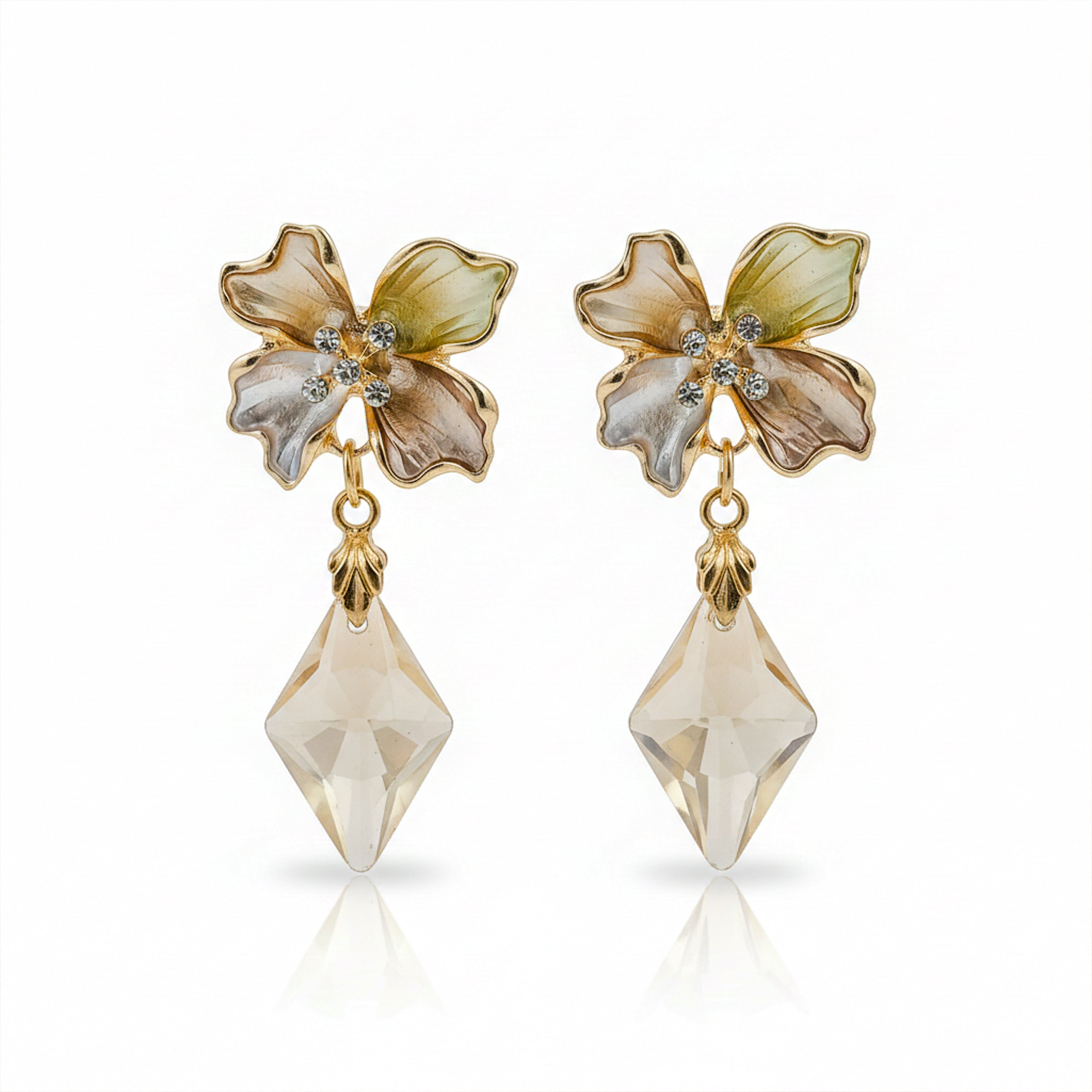 Golden Petal Crystal Drop Earrings GWE -208