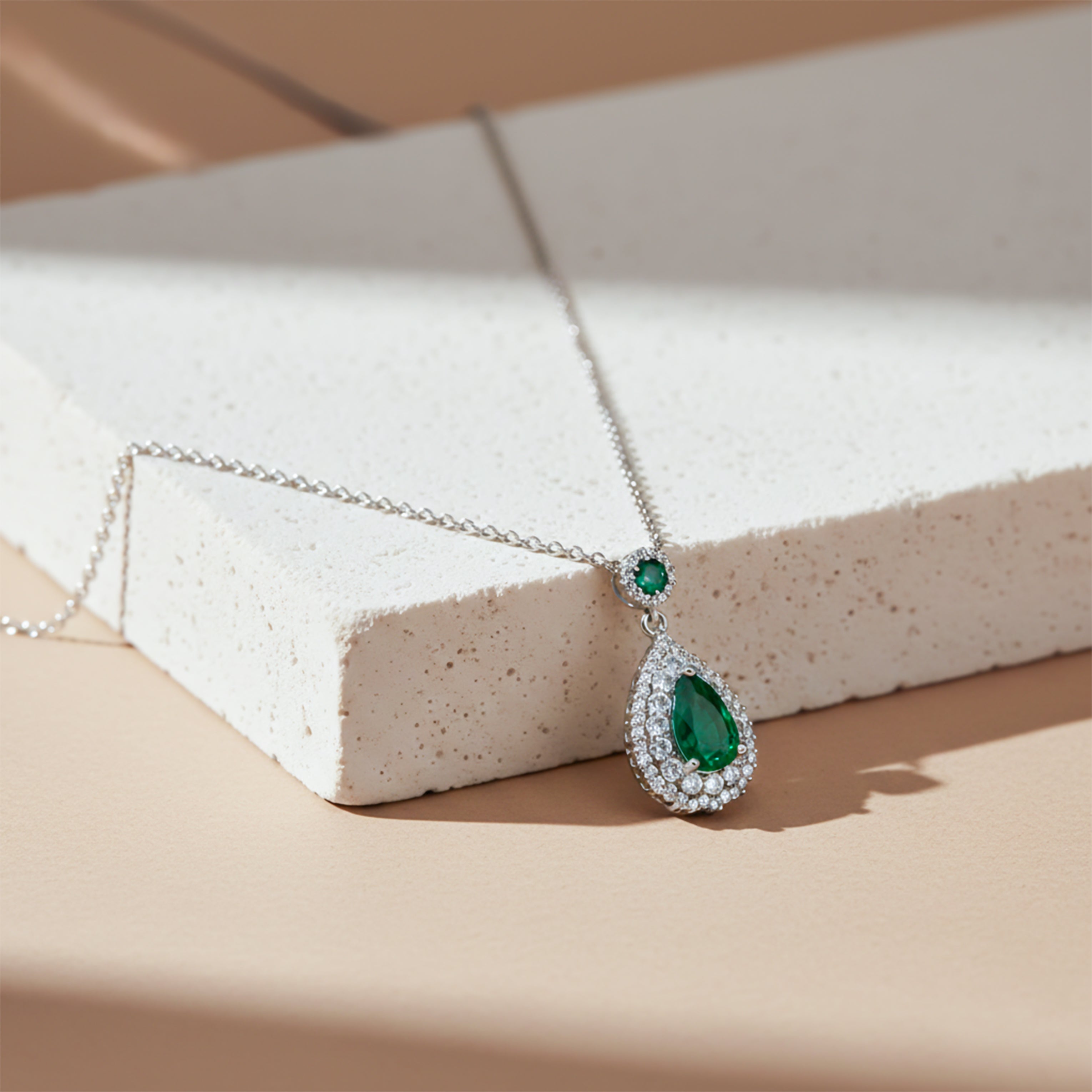 Emerald Teardrop Halo Pendant Necklace GWN -106