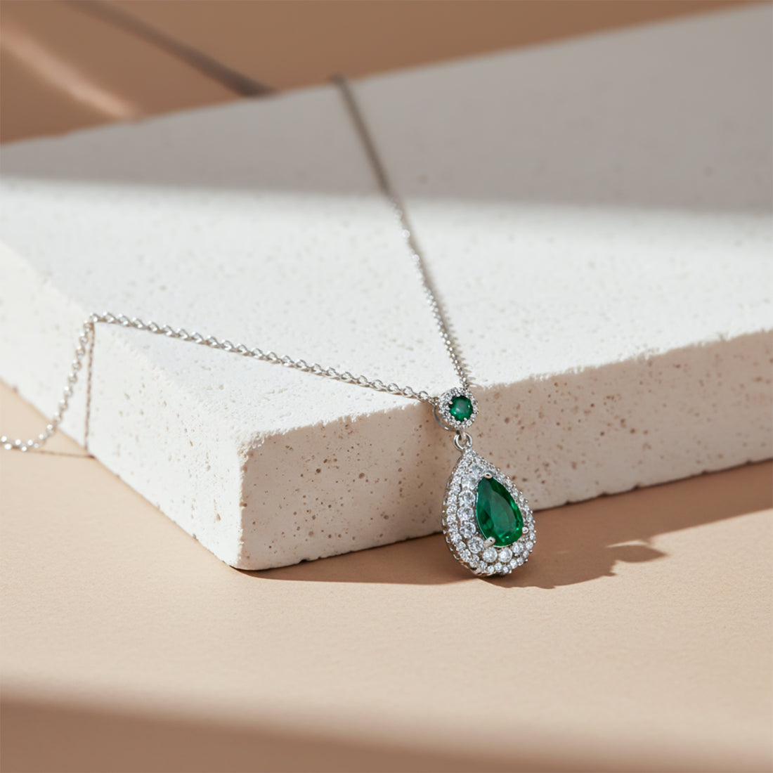 Emerald Teardrop Halo Pendant Necklace GWN -106