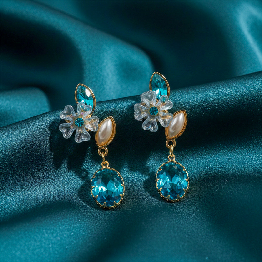 Blue Floral Crystal  Earrings GWE -239
