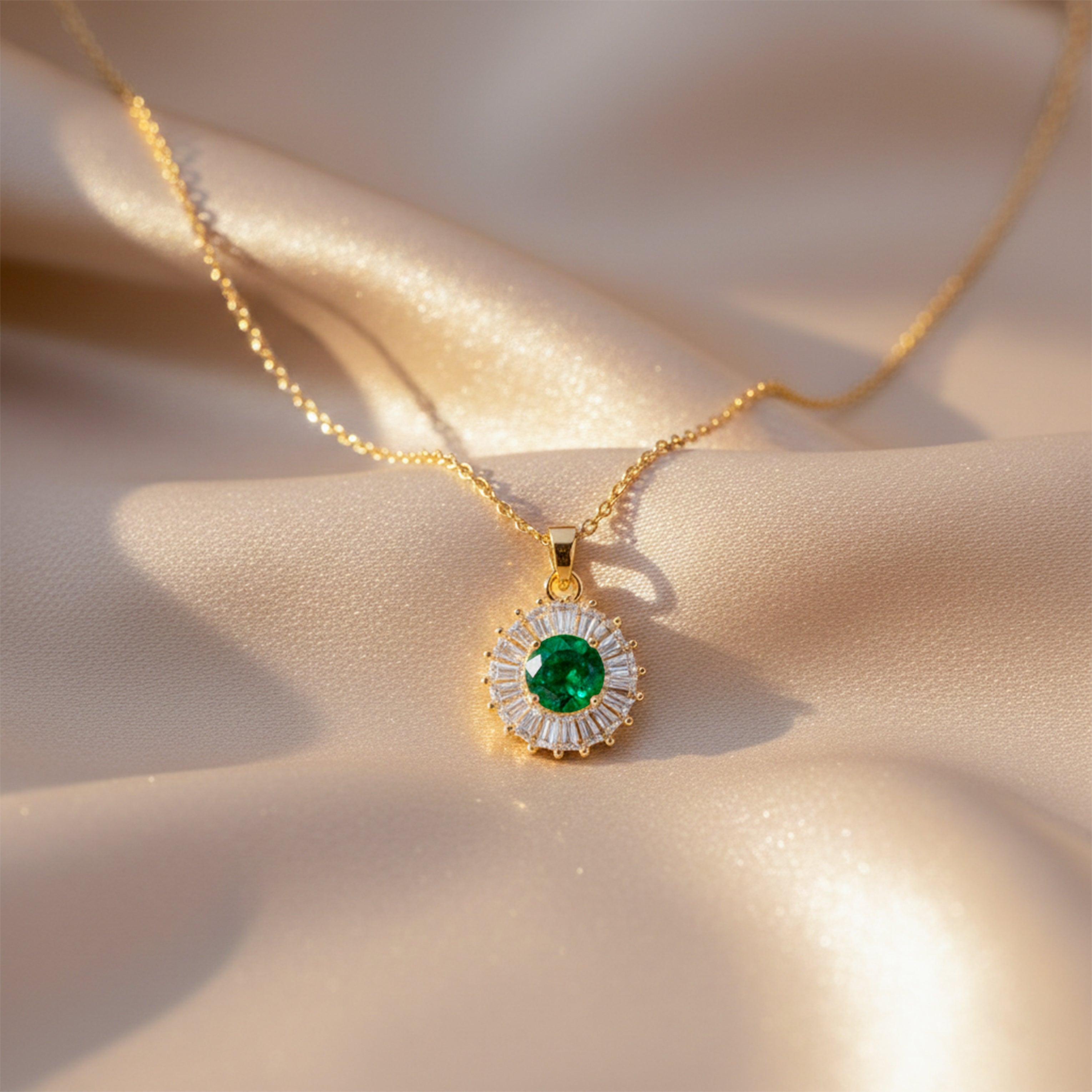 Green Crystal Halo Pendant Necklace GWN -82