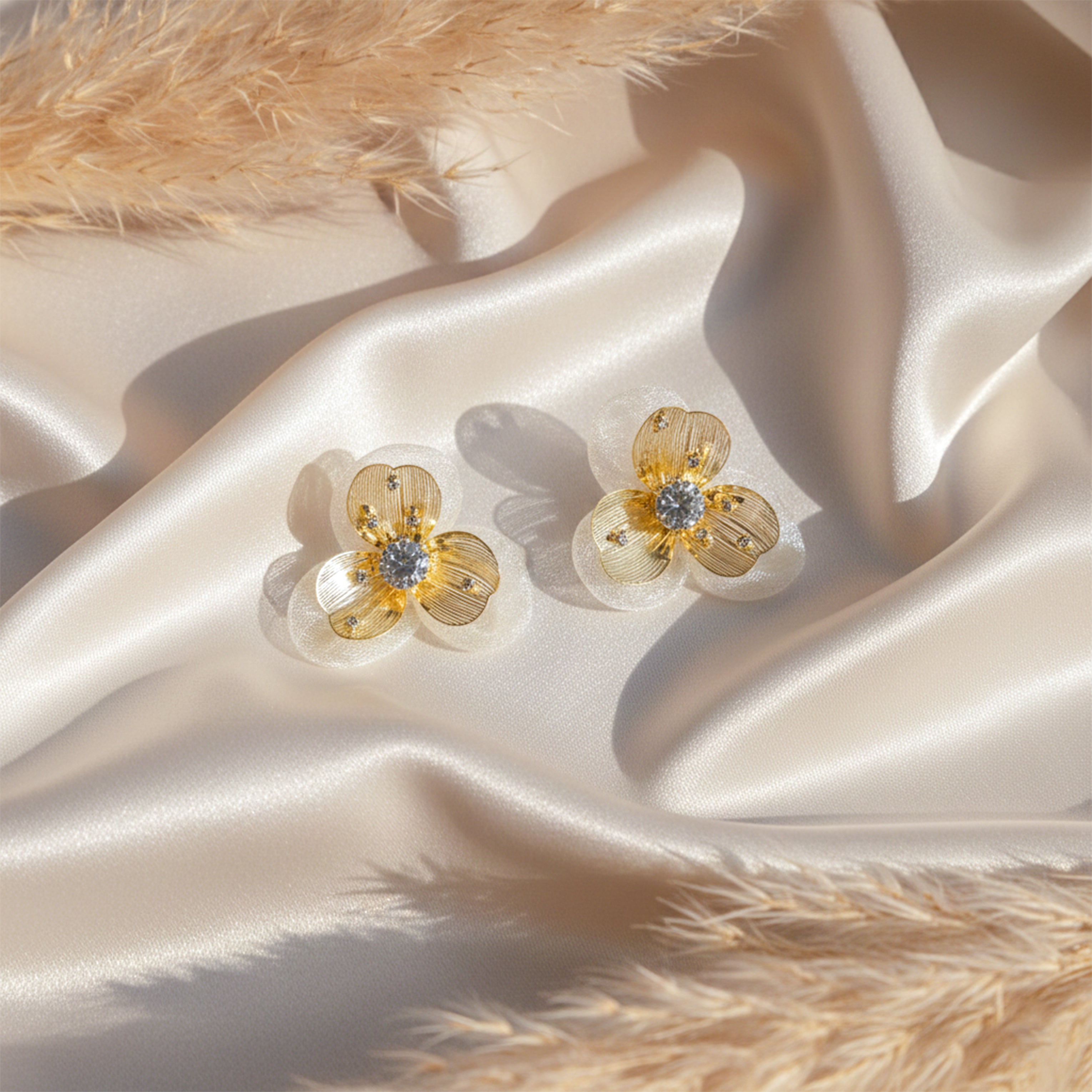 Golden Petal Sparkle Stud Earrings GWE - 169