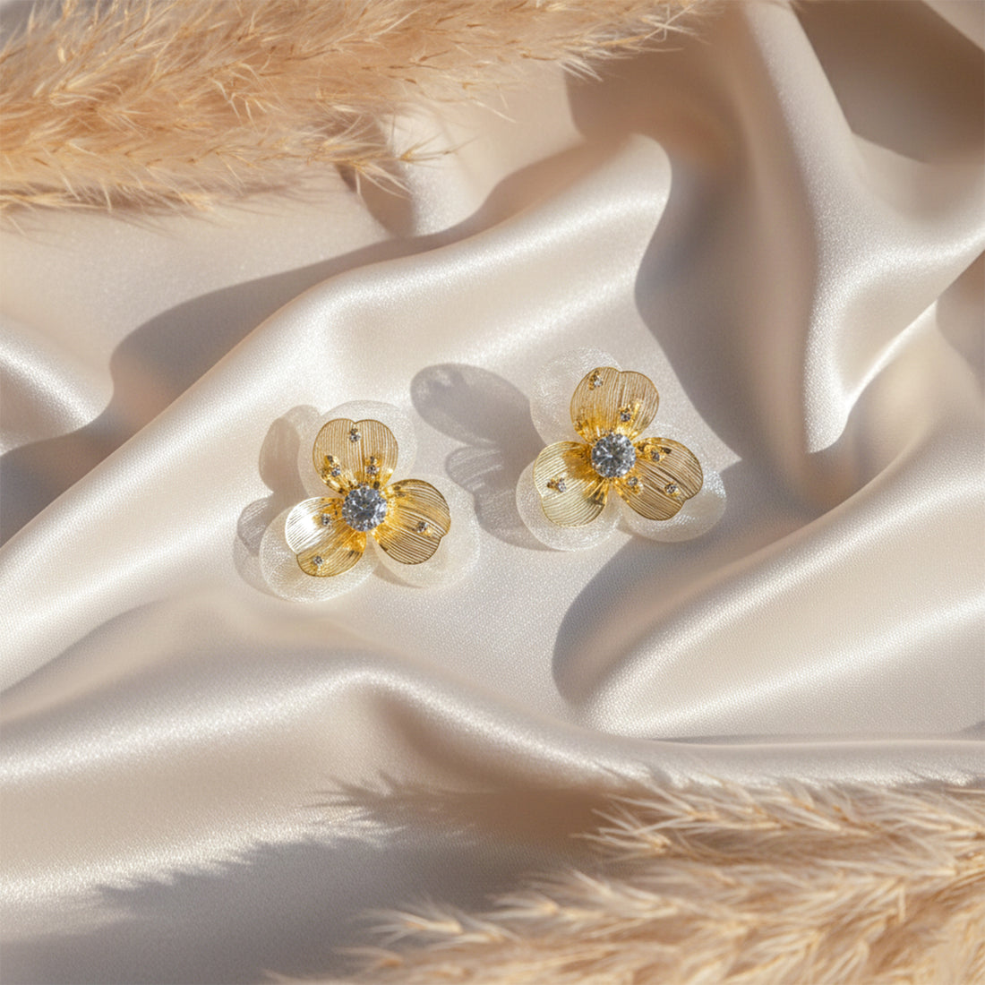 Golden Petal Sparkle Stud Earrings GWE - 169