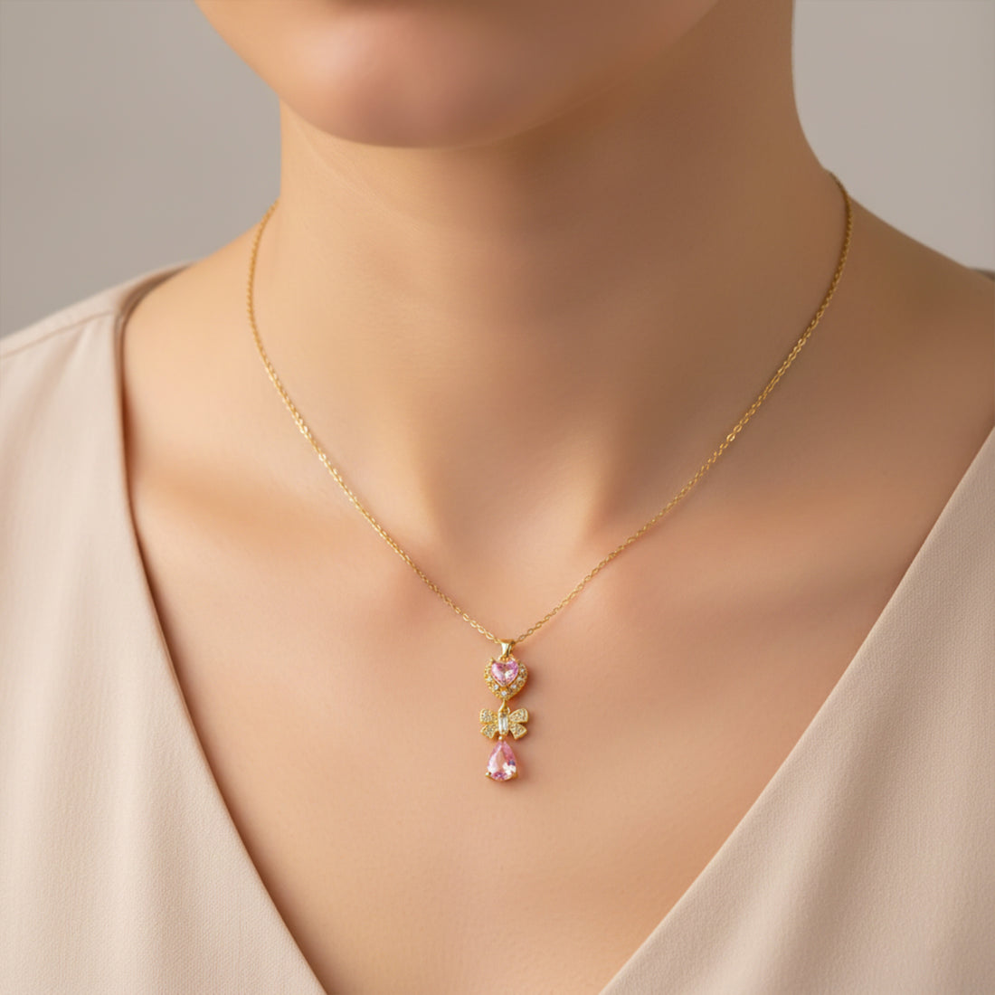 Heart Bow Drop Pendant Necklace GWN -124