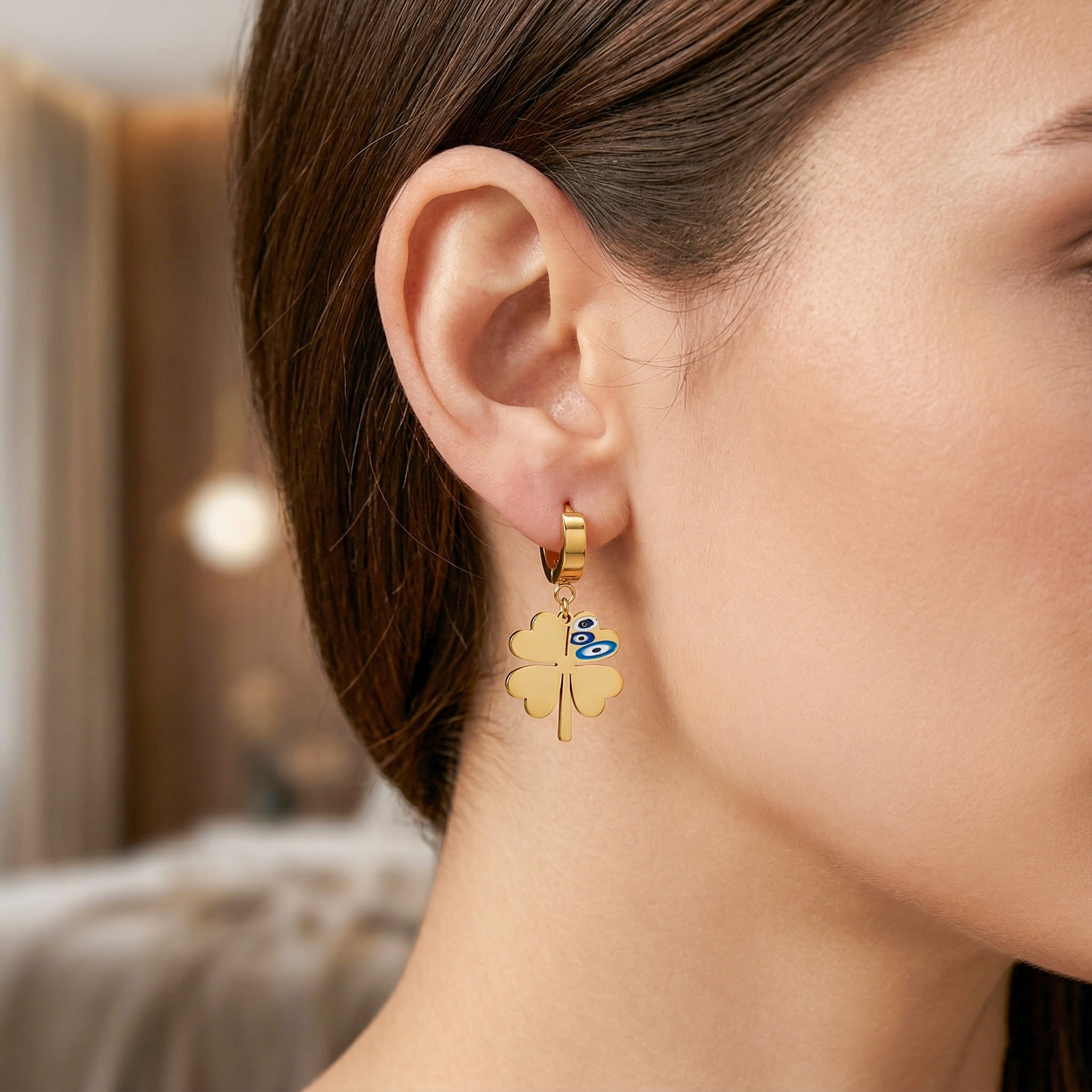 Lucky Clover Nazar Hoop Earrings GWE -82