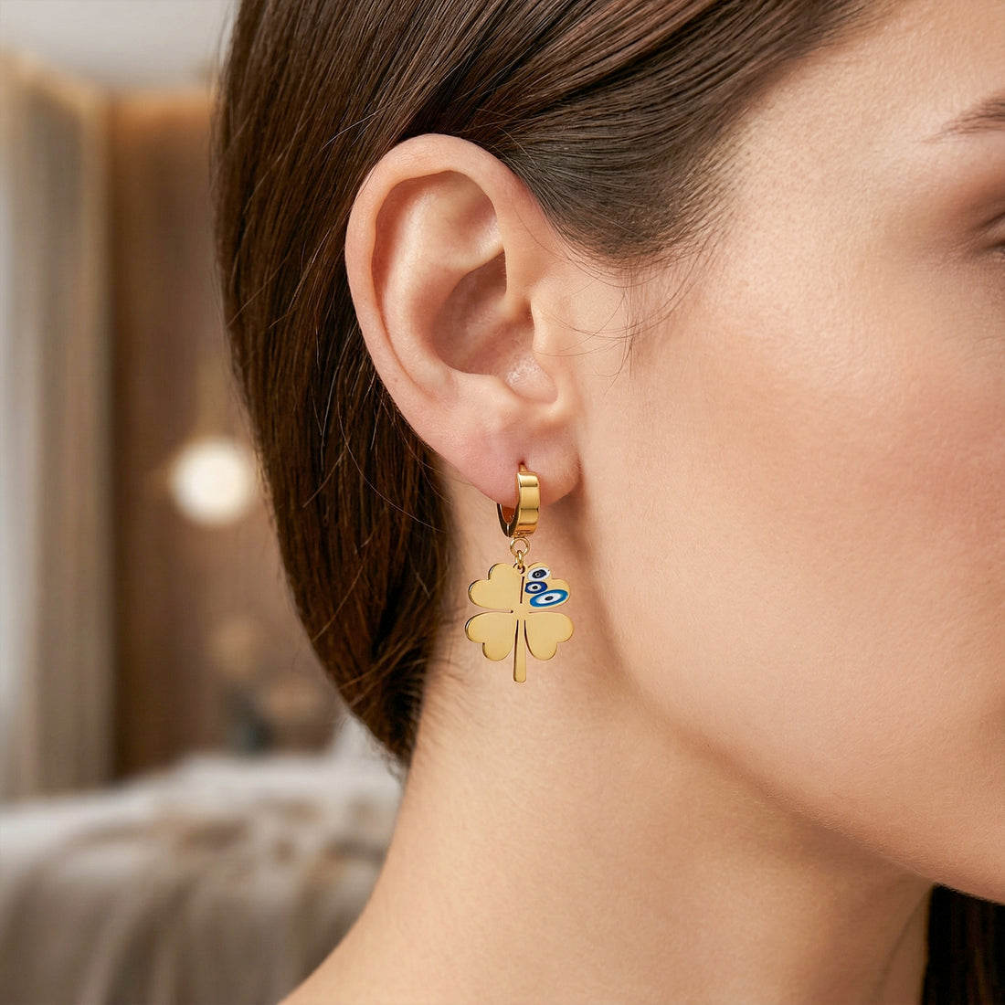 Lucky Clover Nazar Hoop Earrings GWE -82