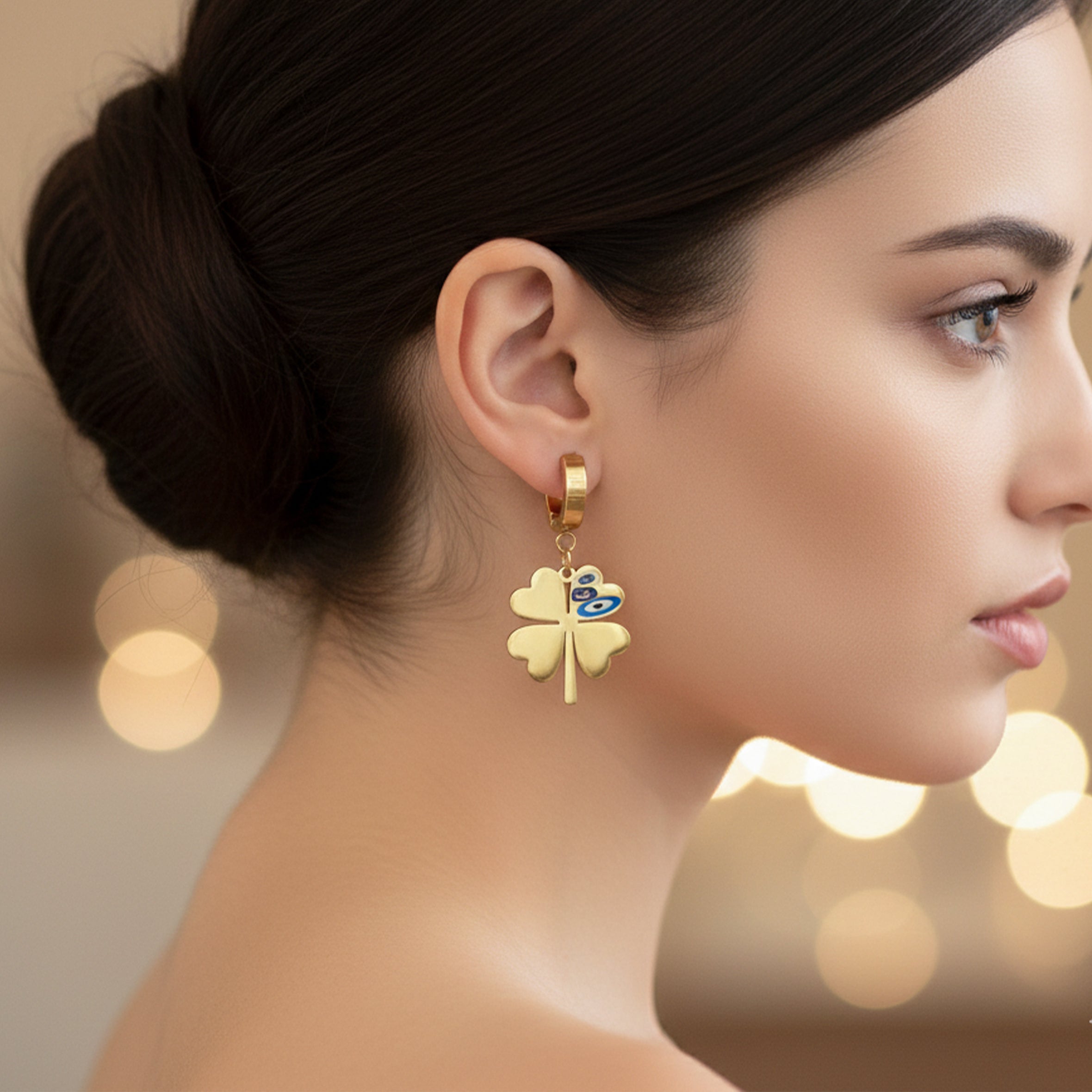 Clover Evil Eye Drop Hoop Earrings GWE -82
