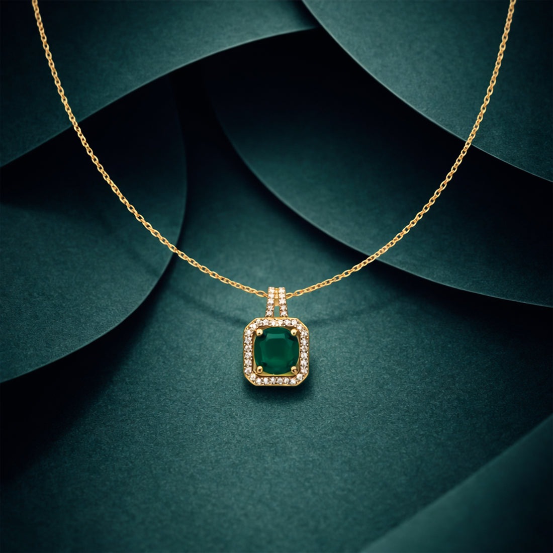 Emerald Square Halo Pendant Necklace GWN -157