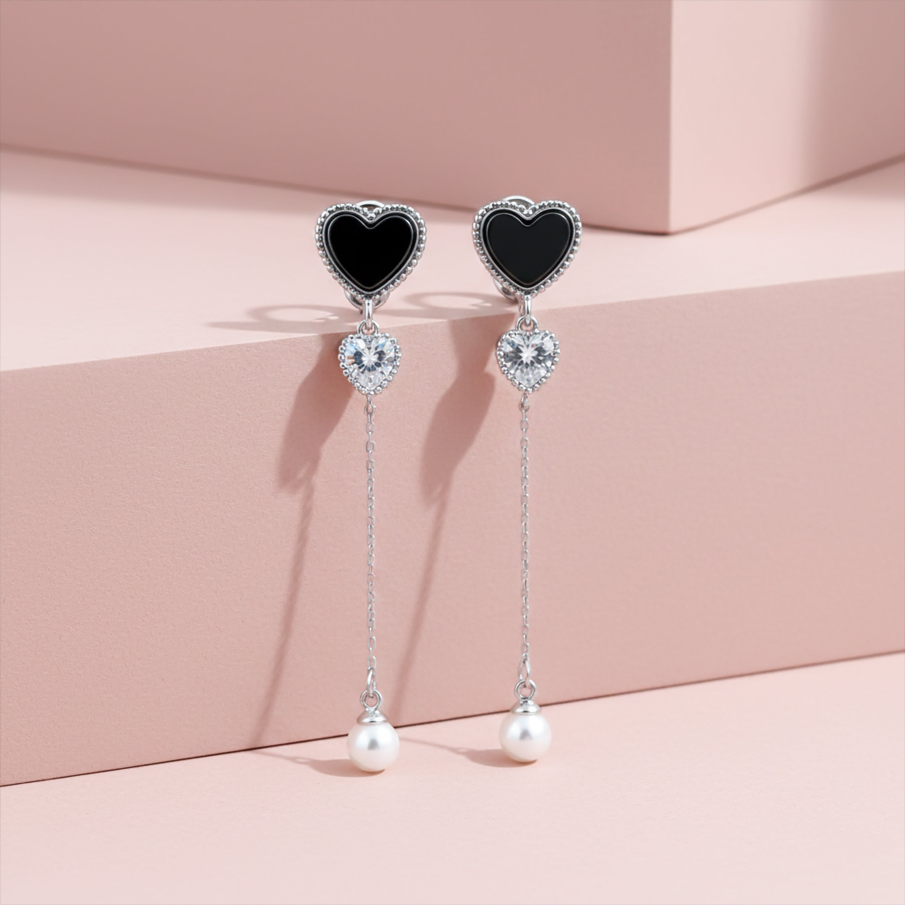 Midnight Heart Pearl Chain Drop Earrings GWE -85