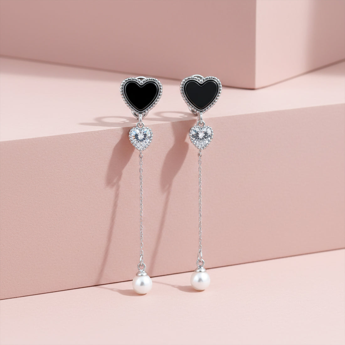 Midnight Heart Pearl Chain Drop Earrings GWE -85