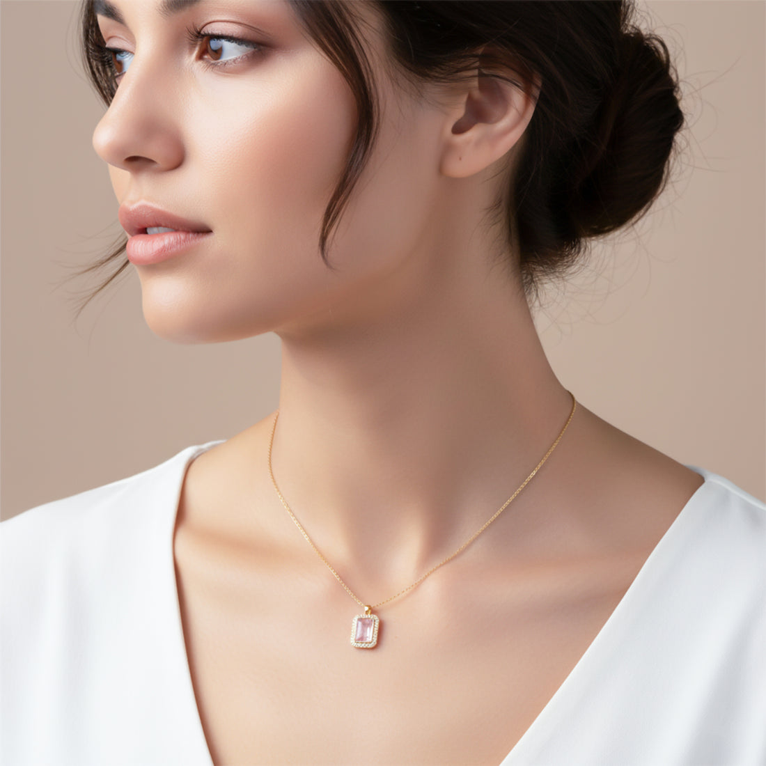 Pink Stone Halo Pendant Necklace GWN -152