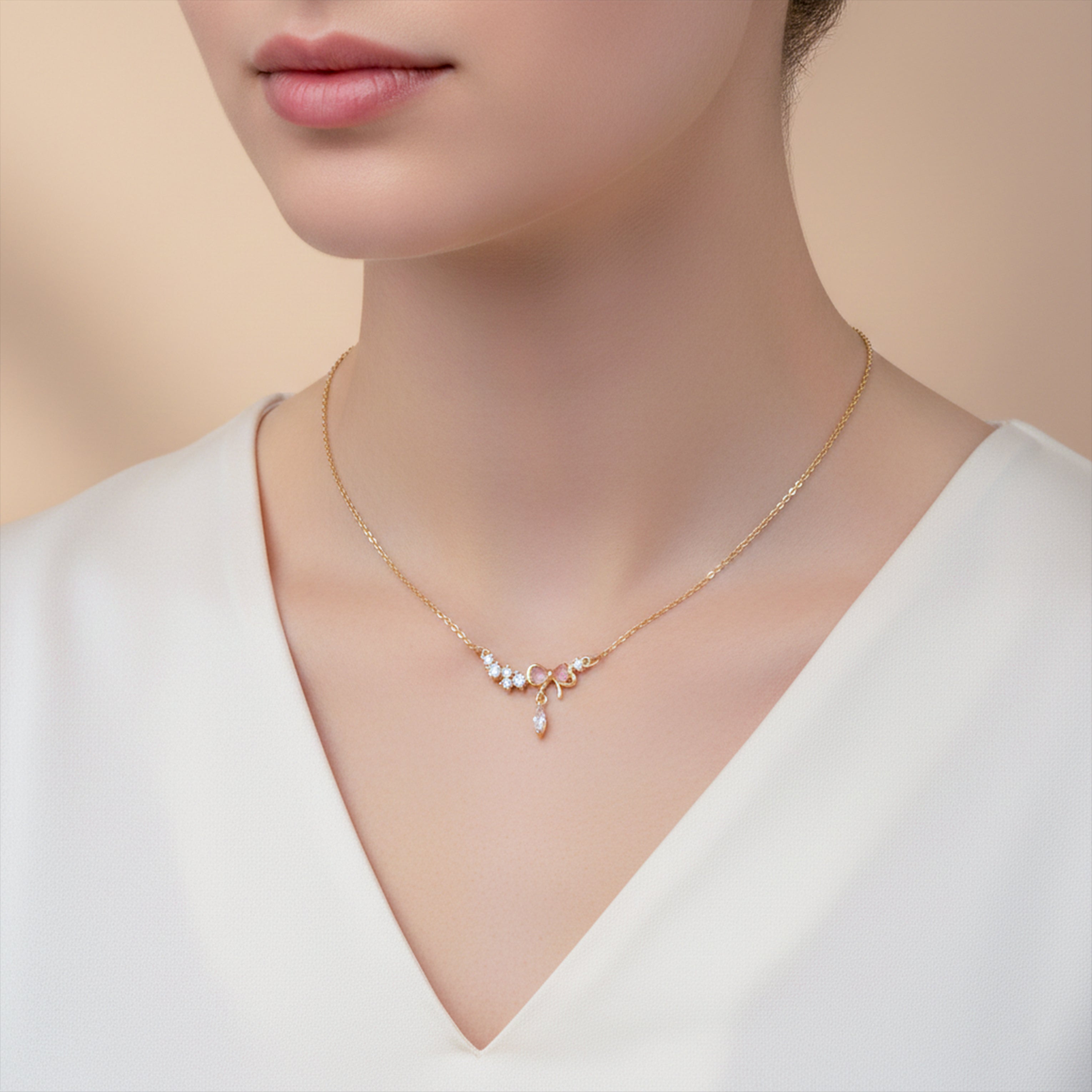 Bow Crystal Drop Necklace GWN -132