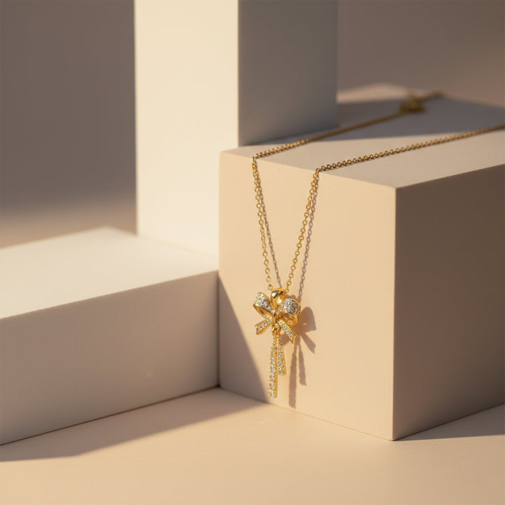 Diamond Bow Tassel Gold Necklace GWN -91