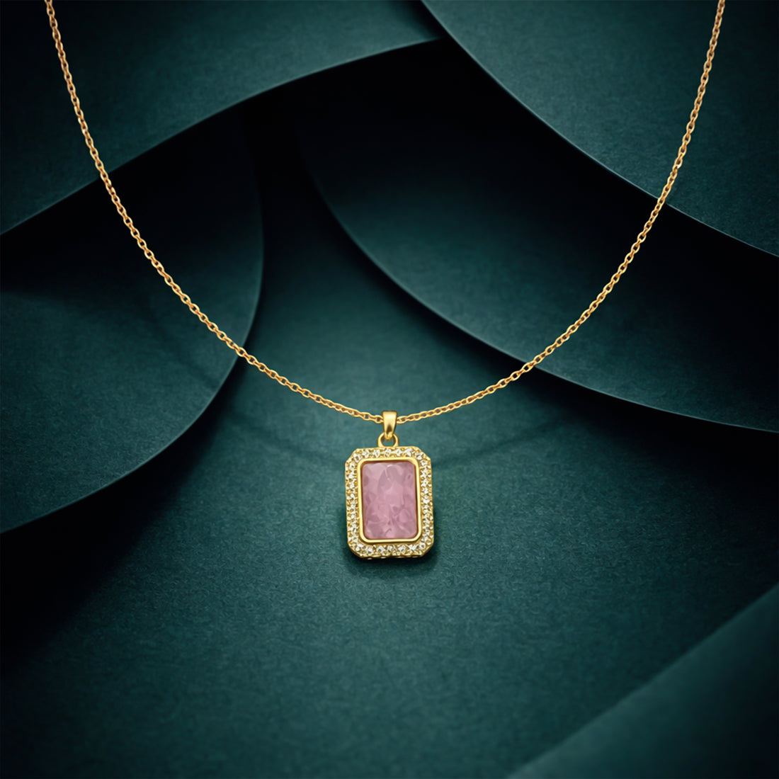 Pink Stone Halo Pendant Necklace GWN -152