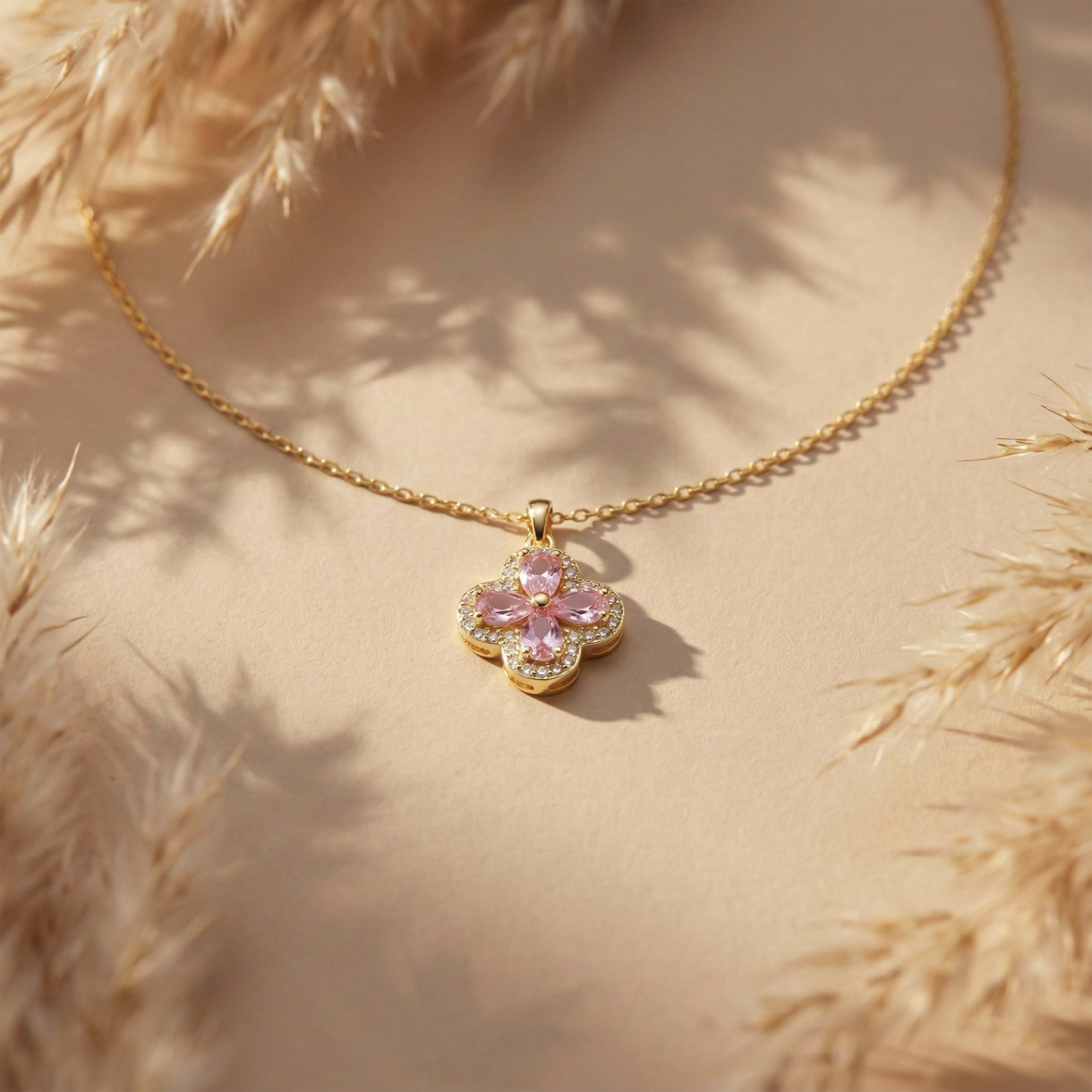 Pink Blossom Clover Pendant Necklace GWN -109