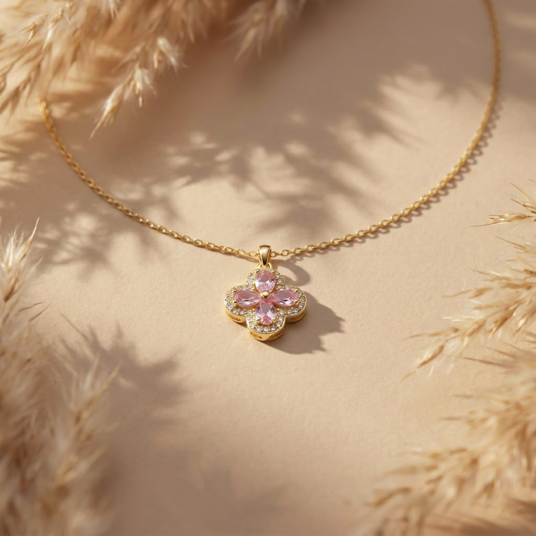 Pink Blossom Clover Pendant Necklace GWN -109