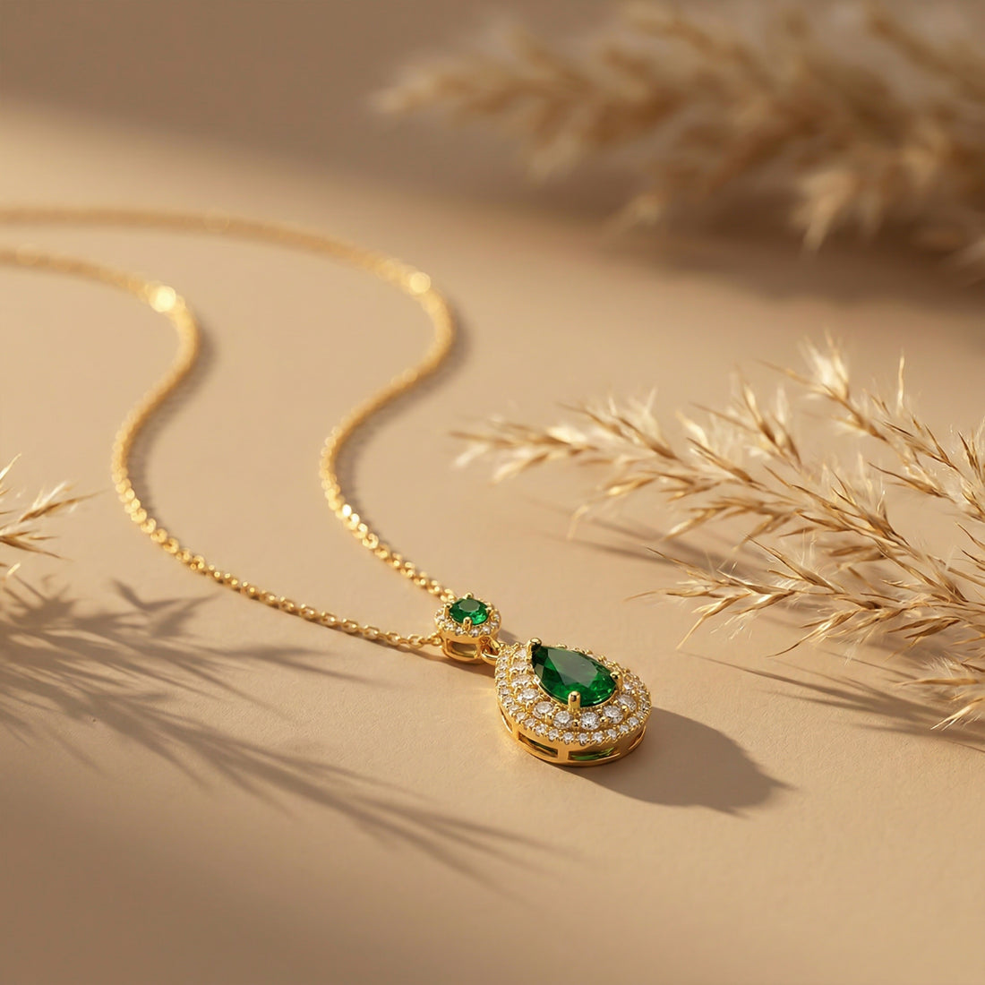 Emerald Teardrop Halo Pendant Necklace GWN -106
