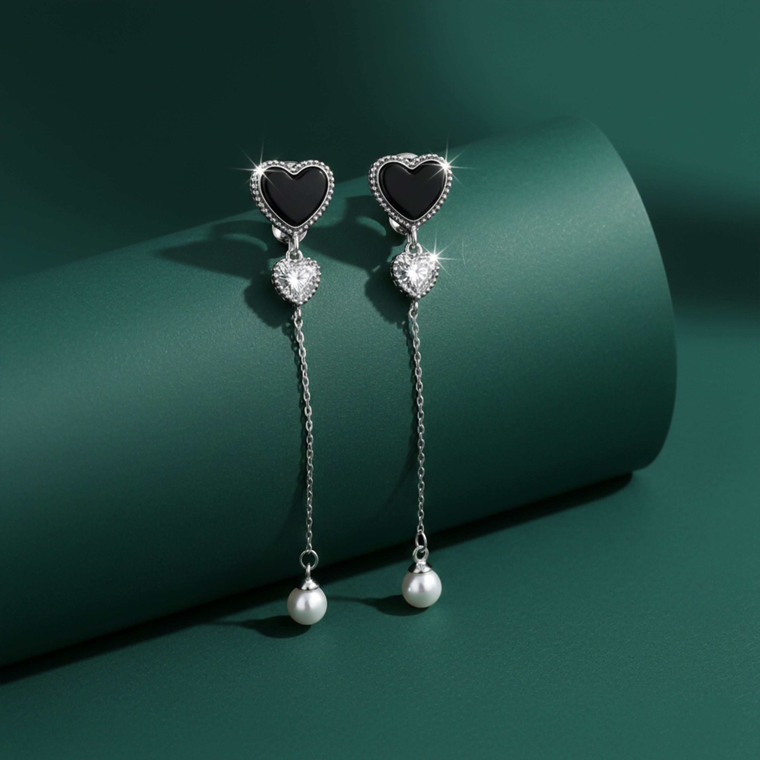 Midnight Heart Pearl Chain Drop Earrings GWE -85