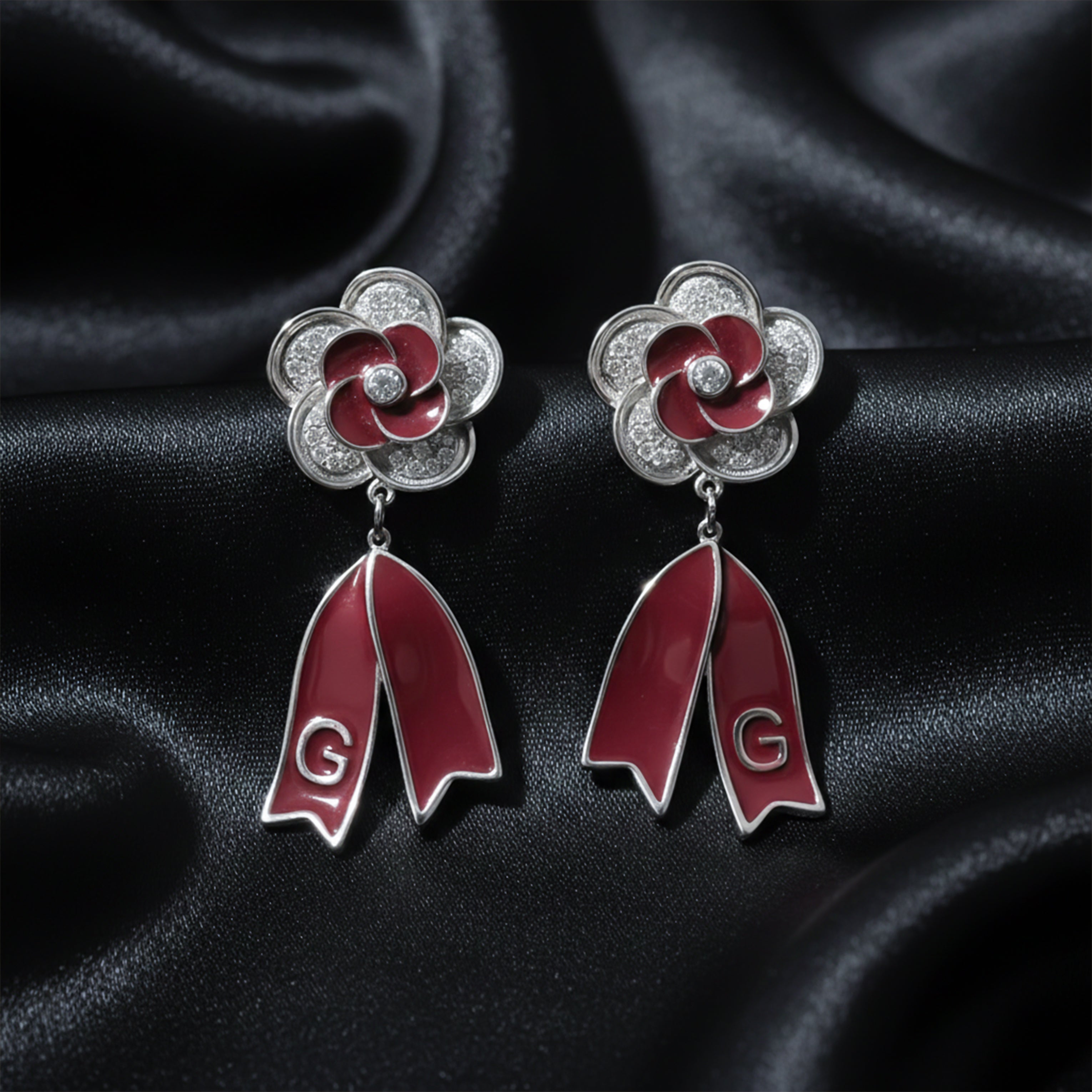 Ruby Bloom Ribbon Drop Earrings GWE -63