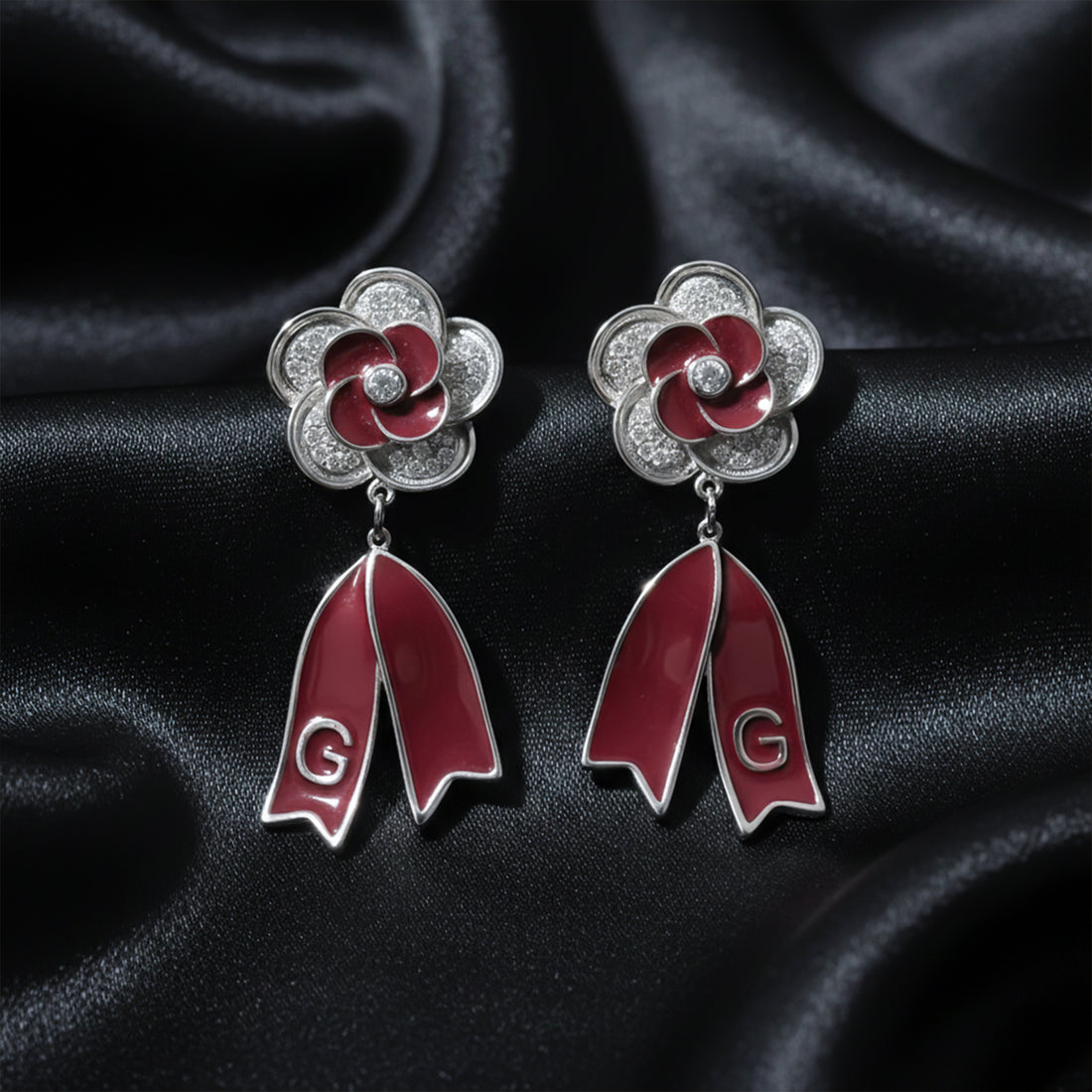 Ruby Bloom Ribbon Drop Earrings GWE -63