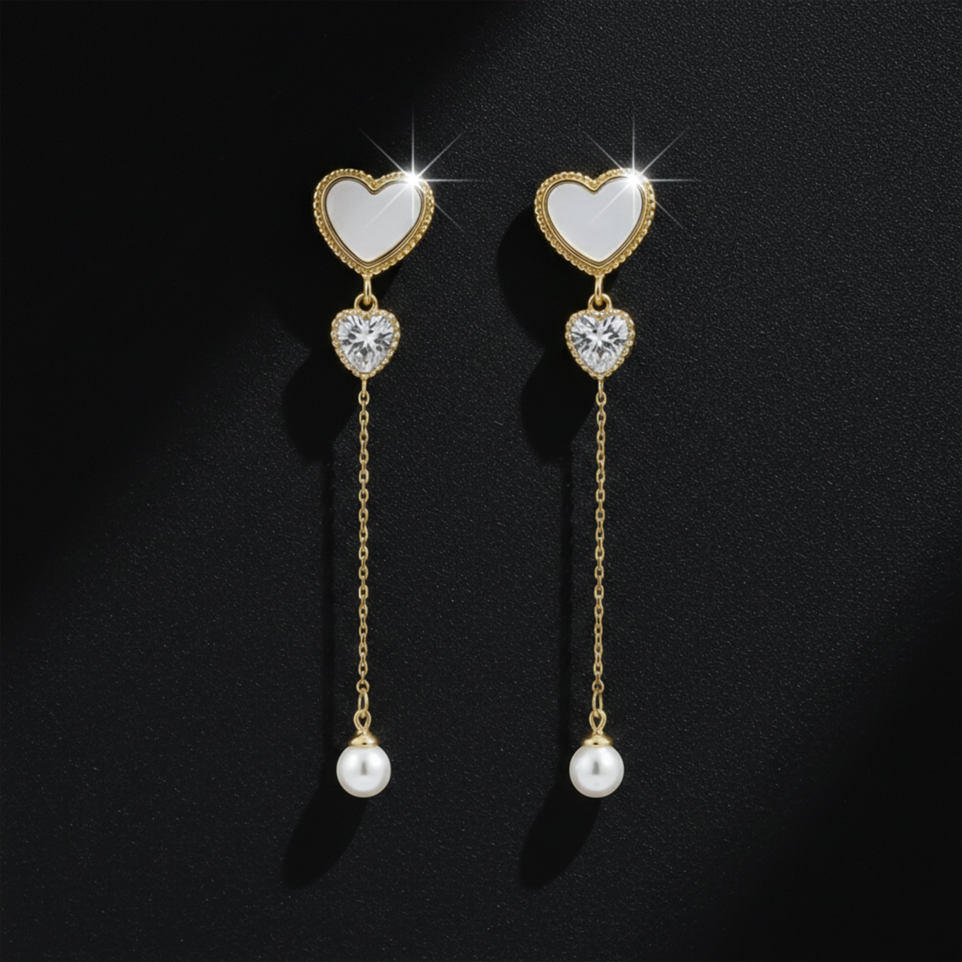 Heart Pearl Chain Drop Earrings GWE -87