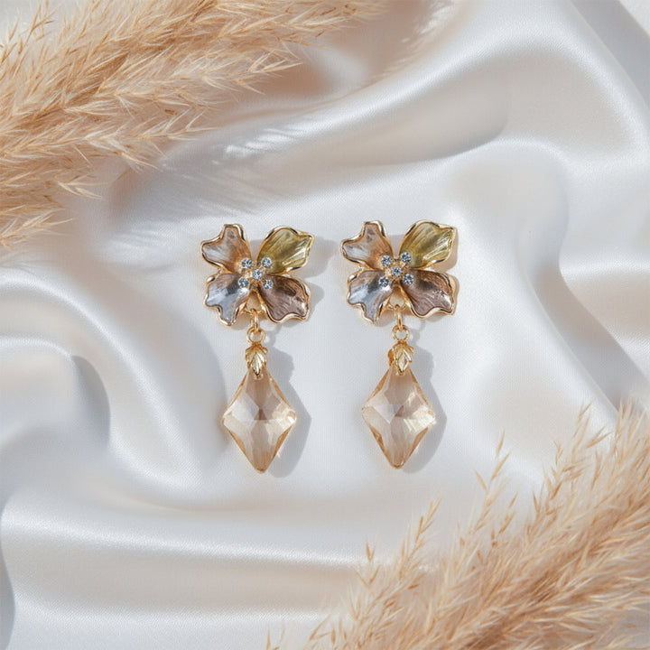 Golden Petal Crystal Drop Earrings GWE -208