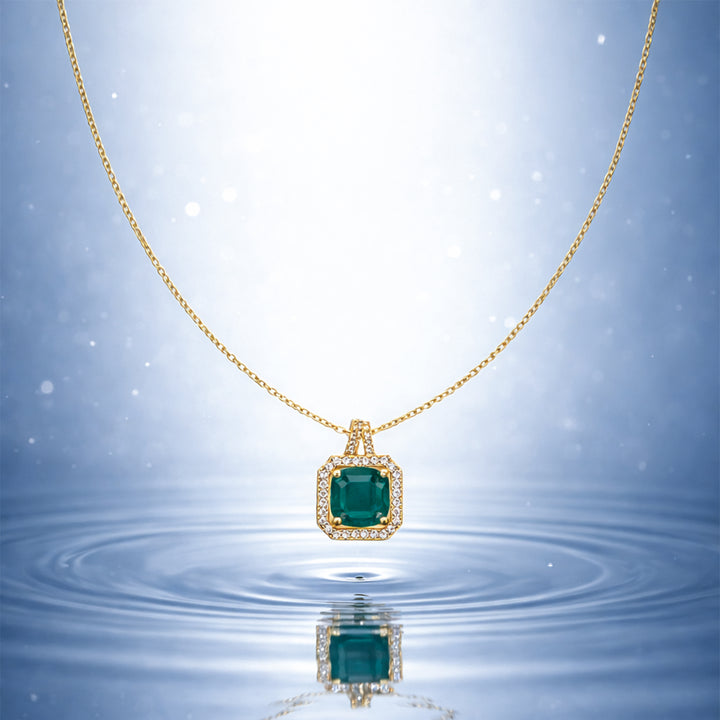 Emerald Square Halo Pendant Necklace GWN -157