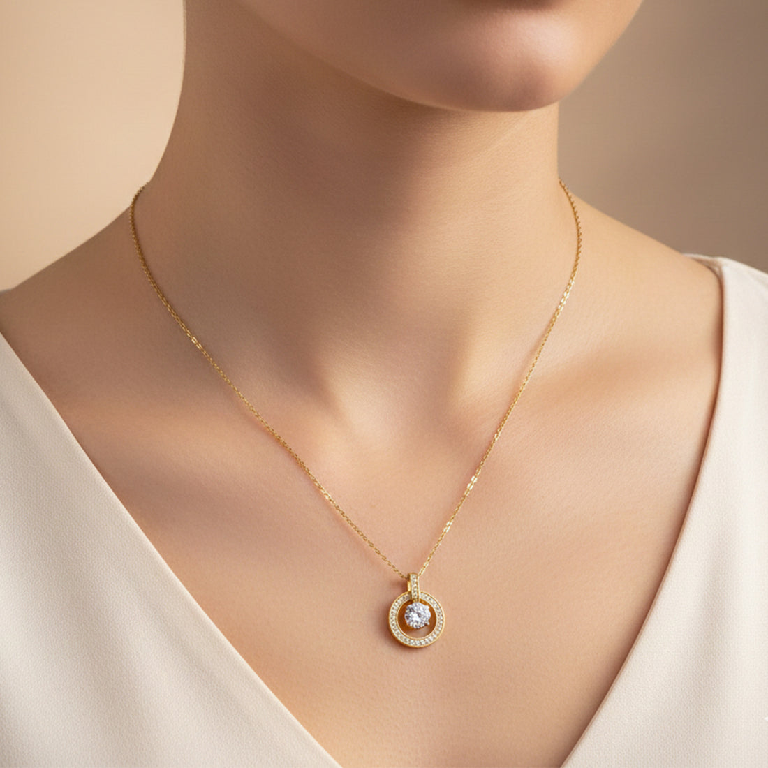 Classic Halo Circle Pendant Necklace GWN -139