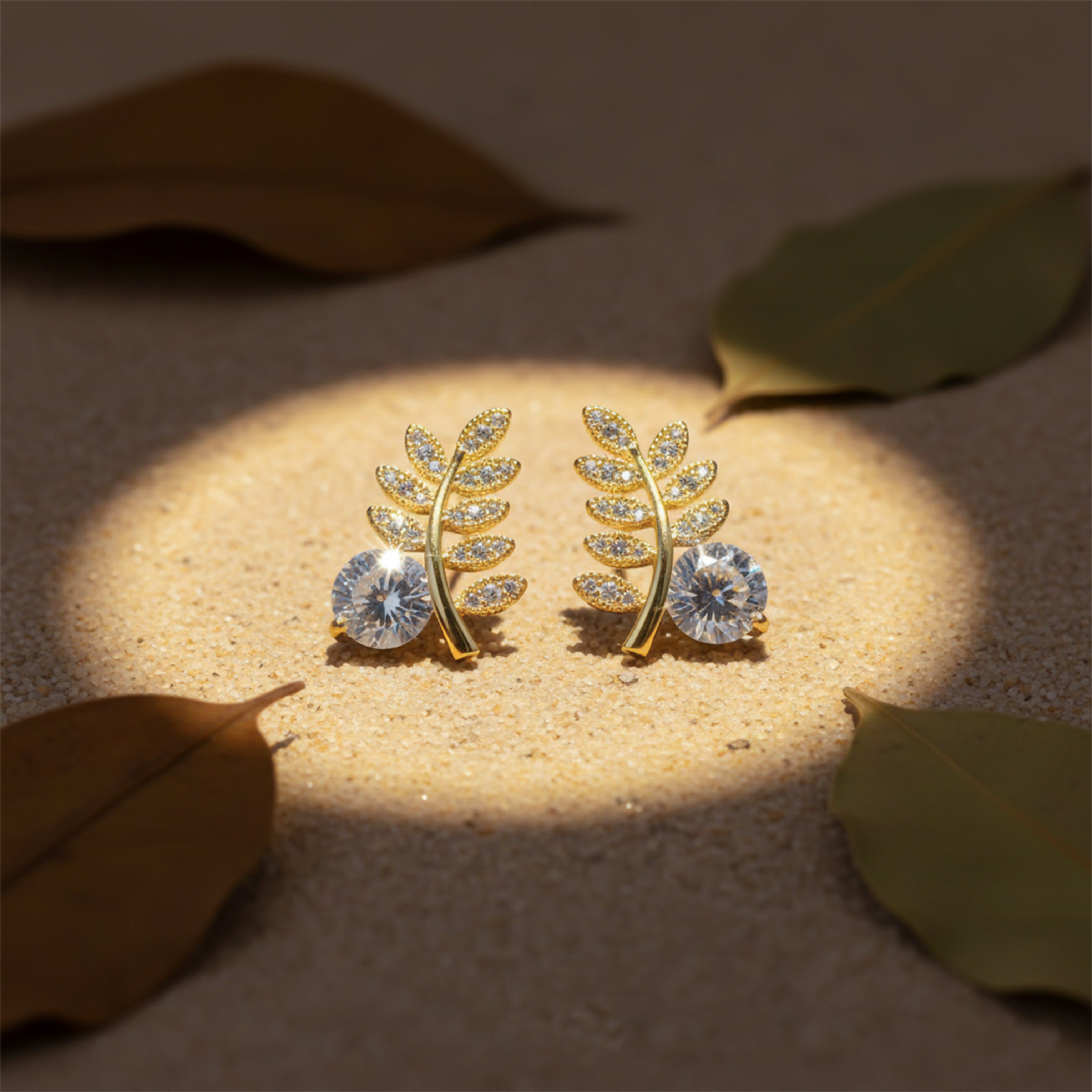 Golden Fern Crystal Stud Earrings GWE -103