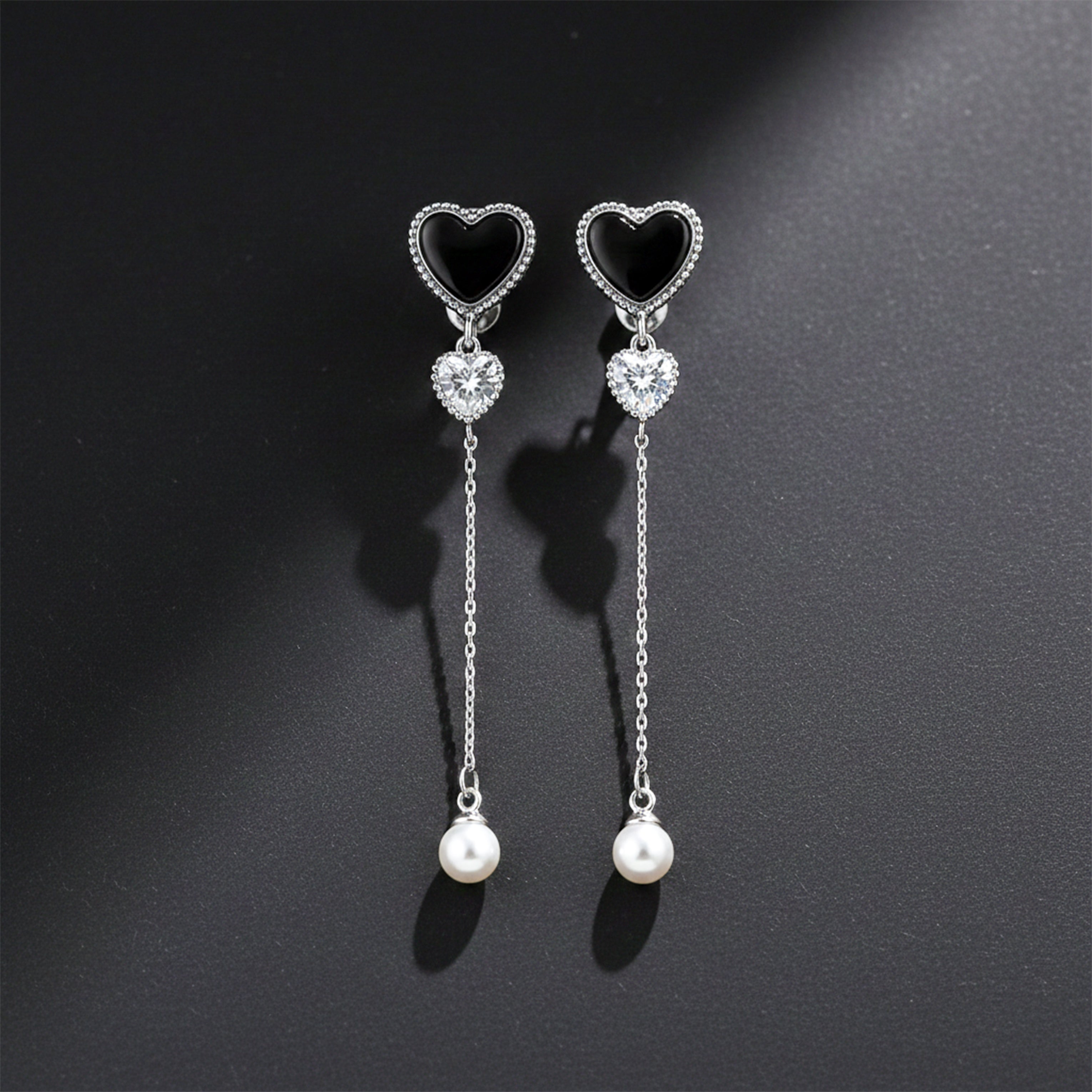 Midnight Heart Pearl Chain Drop Earrings GWE -85