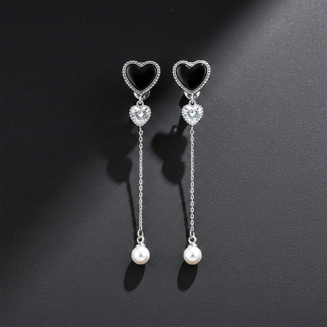 Midnight Heart Pearl Chain Drop Earrings GWE -85