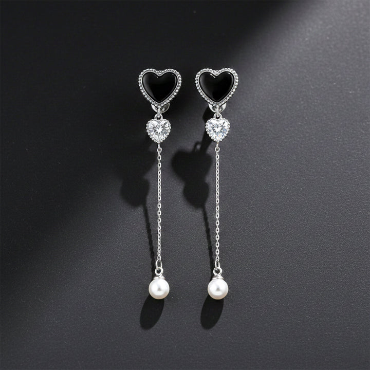 Midnight Heart Pearl Chain Drop Earrings GWE -85