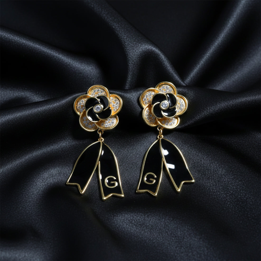 Midnight Bloom Crystal Ribbon Drop Earrings GWE -61