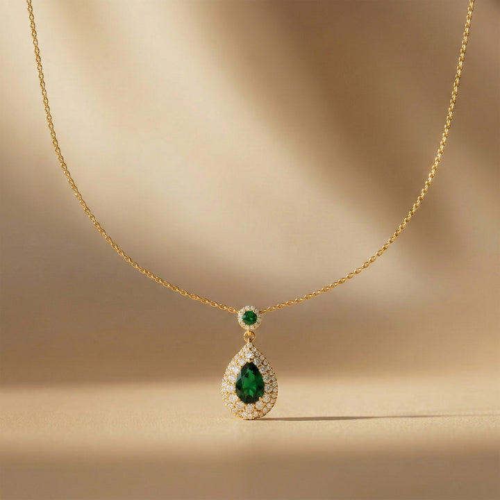 Emerald Teardrop Halo Pendant Necklace GWN -106