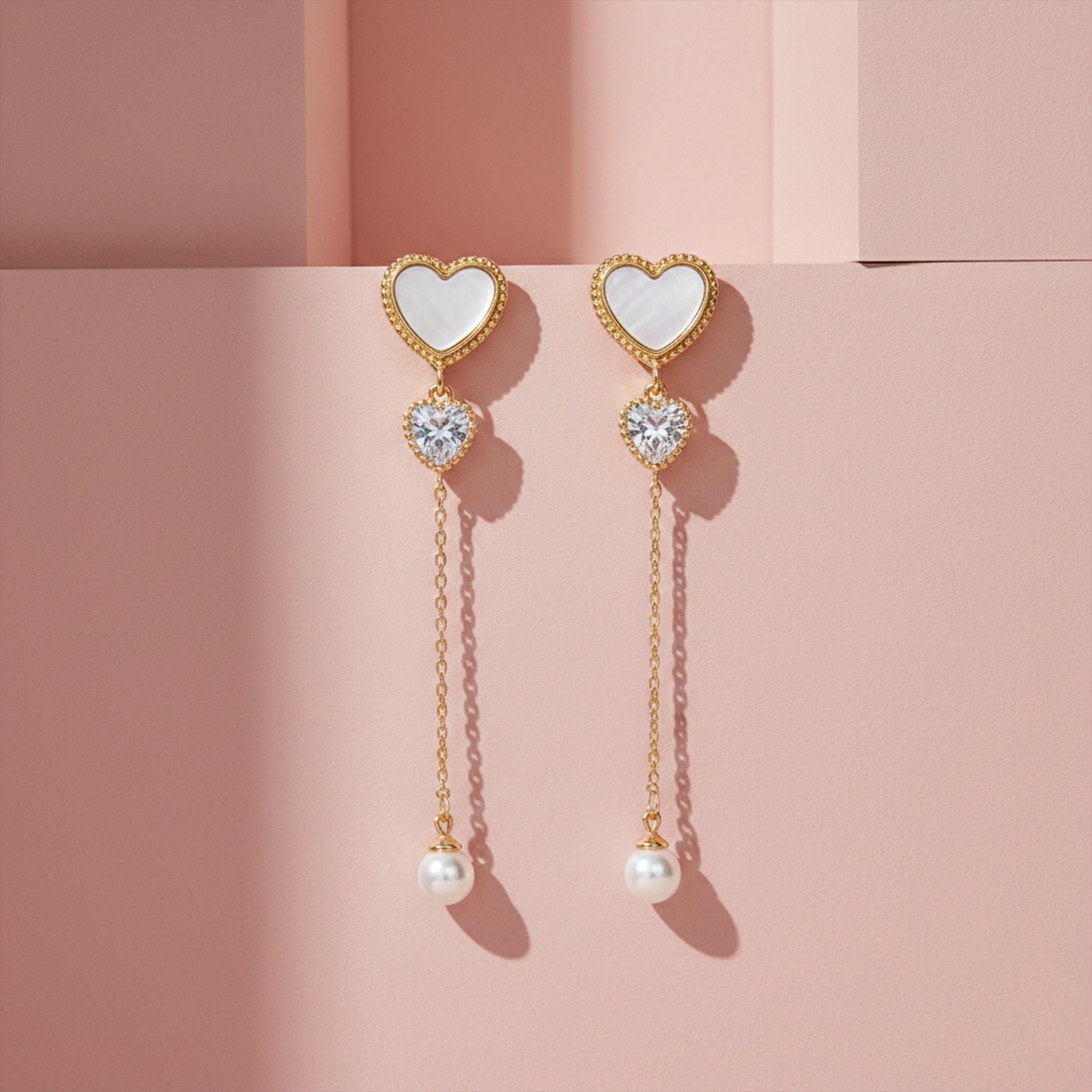 Heart Pearl Chain Drop Earrings GWE -87