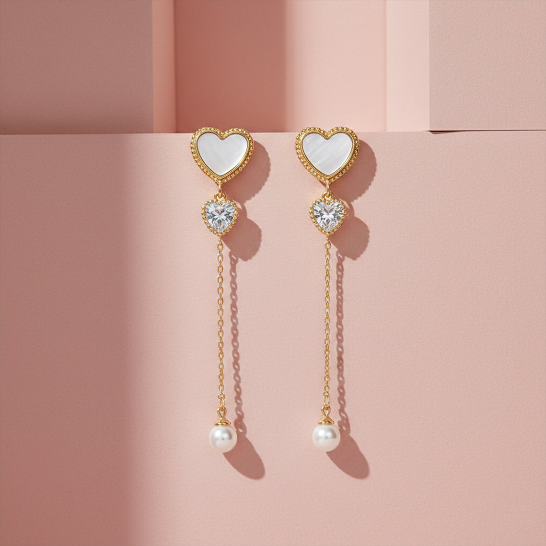 Heart Pearl Chain Drop Earrings GWE -87