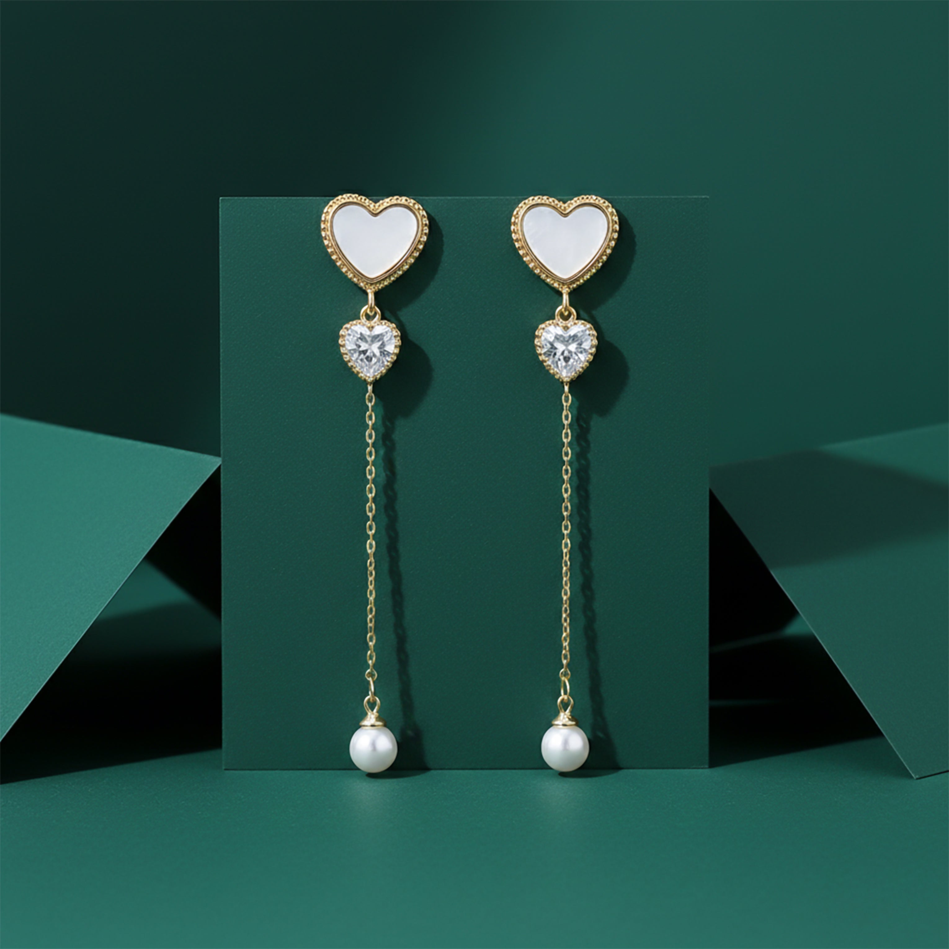 Heart Pearl Chain Drop Earrings GWE -87