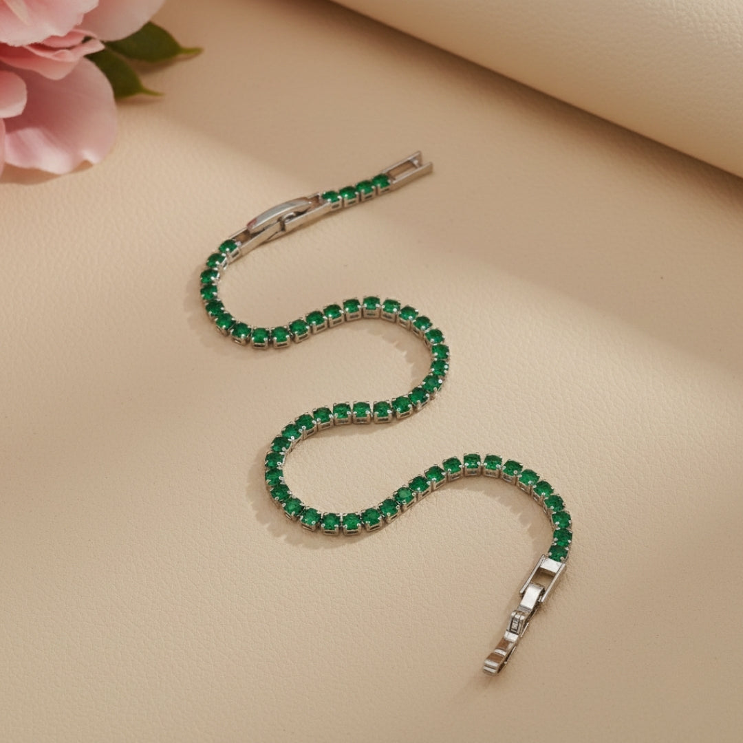 Green Small Diamond Silver Tennis Bracelet GWB-76