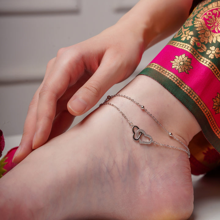 Interlocked Hearts Silver Anklet